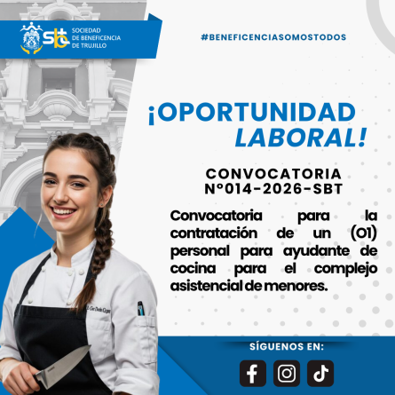 Convocatoria N°014-2026-SBT para la contratación de un (O1) personal para ayudante de cocina para el complejo asistencial de menores